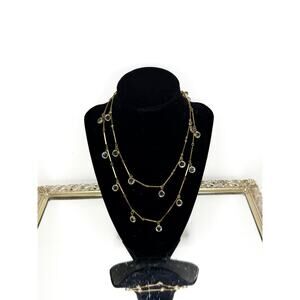 Gold Tone Signed Swarovski Clear Crystal Long Necklace 34”, Bezel Crystal, Facet